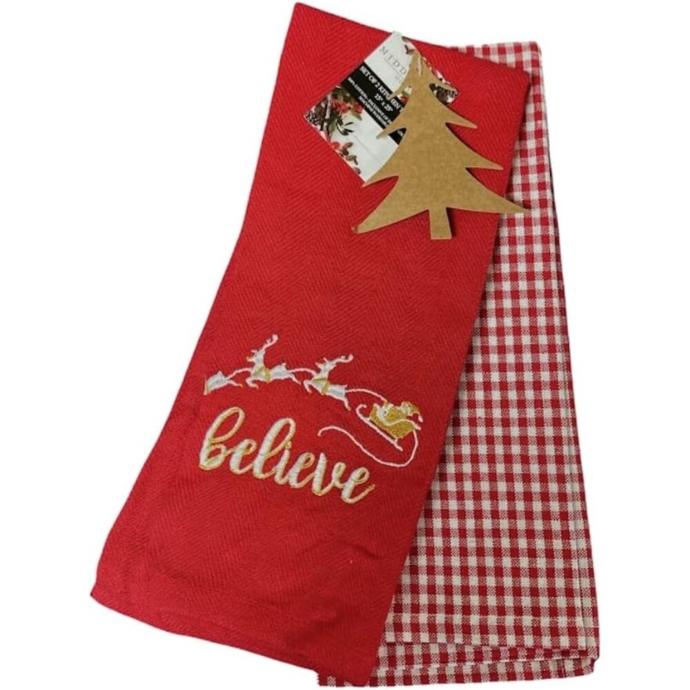 Set of (2) Holiday Kitchen Towels (Red, Believe)